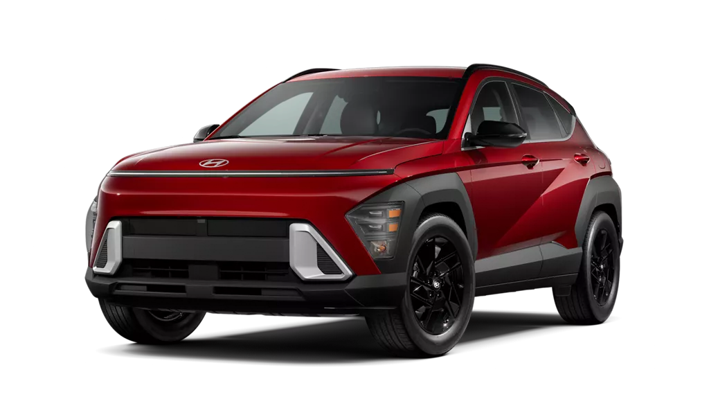 2026 Hyundai Kona front three-quarter view in red