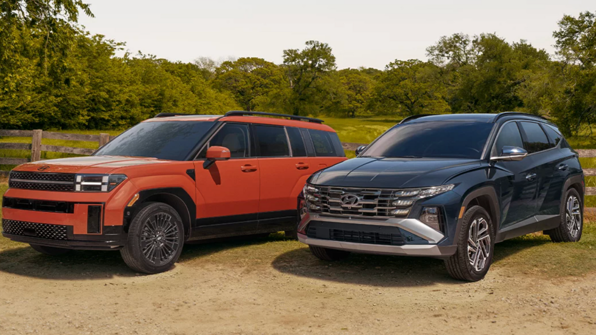 2026 Hyundai Tucson, Santa Fe and Palisade parked side by side at McCarthy Olathe Hyundai showing SUV size differences
